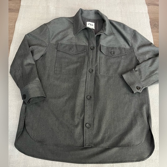 [L] Zara Women Dark Gray Relaxed Fit Shirt Jacket Shacket NWOT - Picture 1 of 11
